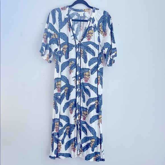 Desmond & Dempsey x H&M linen blend banana tree plant print button up midi dress - Picture 1 of 8